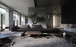 Mẫu thiết kế nội thất nhà 2 tầng tối màu với đá, đá cẩm thạch và bê tông