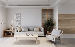Mẫu thiết kế nội thất tối giản phong cách Á Đông với sắc thái màu xám và xanh lá cây chủ đạo
