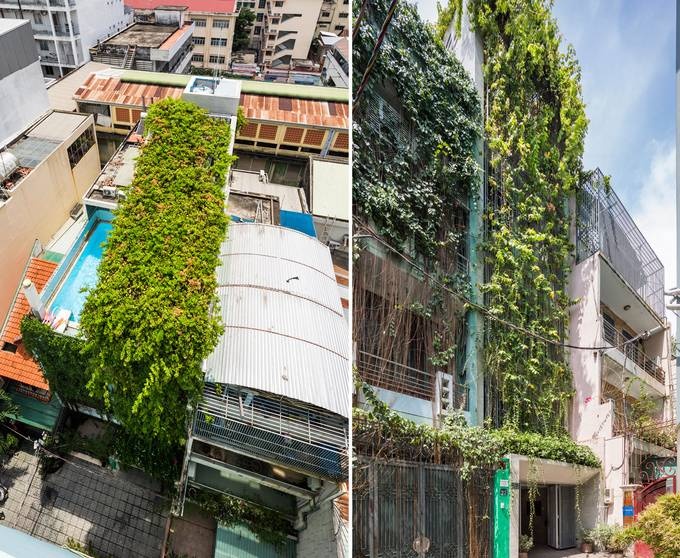 Mặt tiền ấn tượng với tấm 'màn che' bằng cây xanh khổng lồ của Breathing House