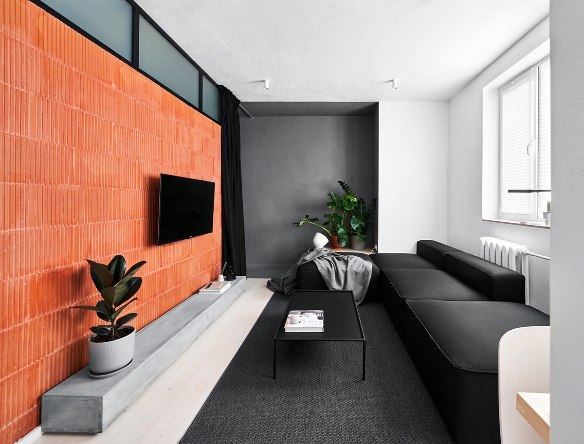 Thiết kế căn hộ chung cư diện tích nhỏ 40m2 với tông đen, trắng và gỗ