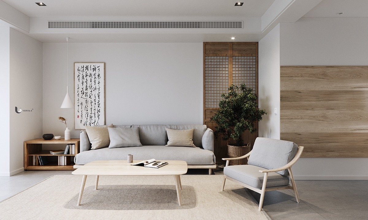 Mẫu thiết kế nội thất tối giản phong cách Á Đông với sắc thái màu xám và xanh lá cây chủ đạo