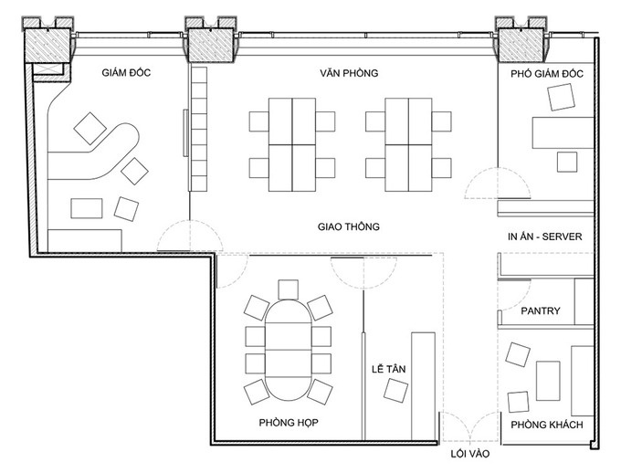 Bố trí văn phòng 130m2 khoa học và hiện đại