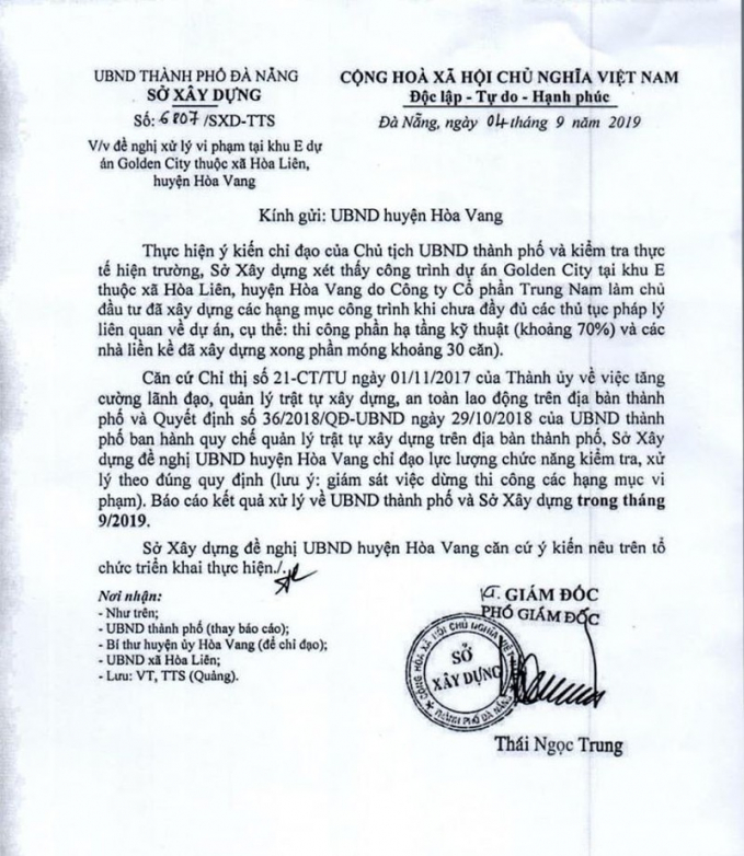 Trung Nam Land xây dựng dự án Khu đô thị sinh thái Golden Hills City không phép