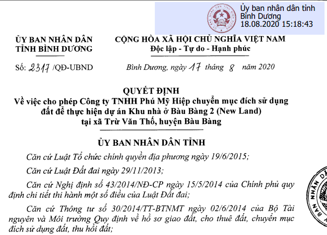 Bình Dương: Cho phép chuyển mục đích hơn 7,6ha đất để thực hiện dự án New Land