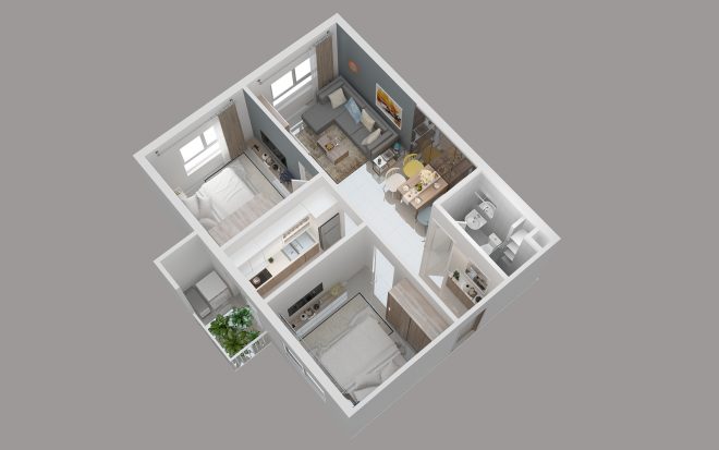 Ngỡ ngàng với mẫu thiết kế căn hộ chung cư 2 phòng ngủ hiện đại
