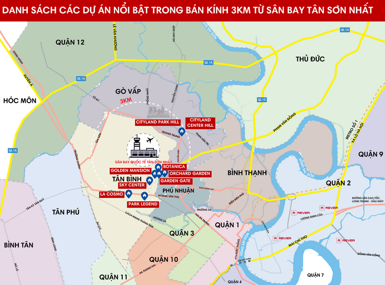 Danh sách các dự án nhà ở nổi bật trong bán kính từ 3 - 10km từ sân bay quốc tế Tân Sơn Nhất
