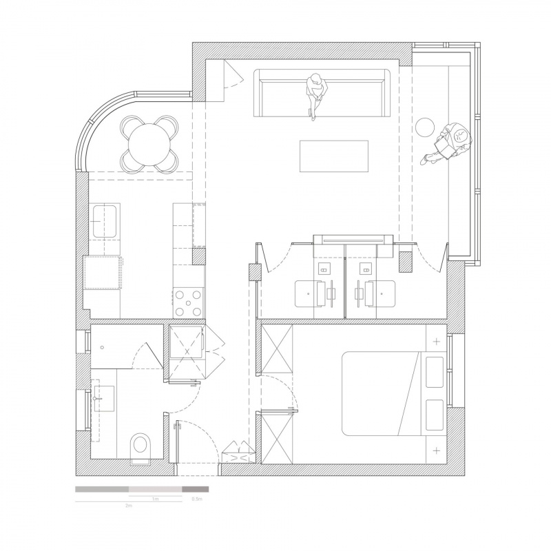 Căn hộ 53m2 với những chiếc cửa sổ trải dài, mang đến không gian sinh hoạt và làm việc thoải mái, tiện nghi cho gia đình