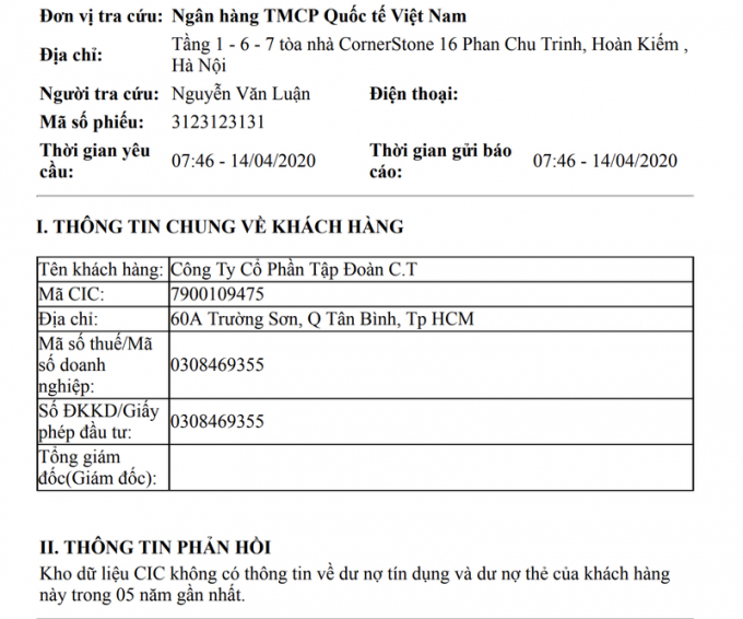 C.T Group "không có dư nợ trong 5 năm gần đây"