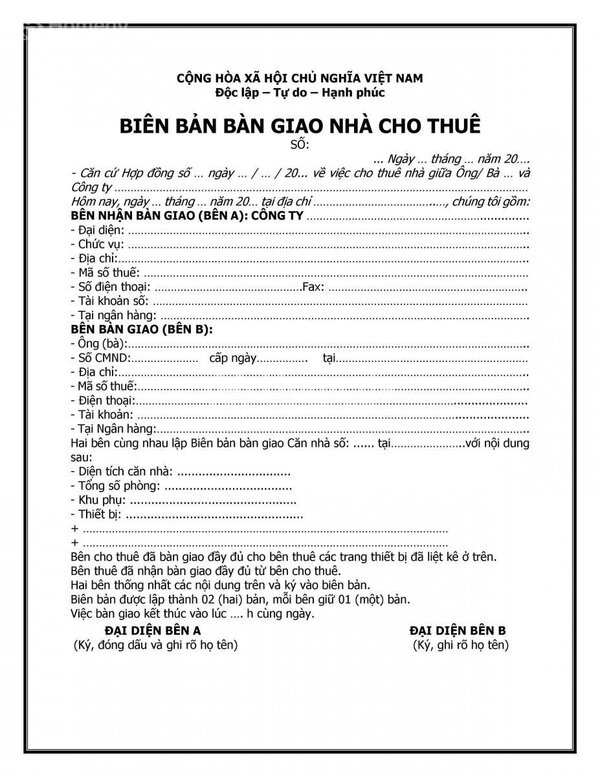 Tải mẫu biên bản bàn giao nhà cho thuê và hướng dẫn viết chi tiết