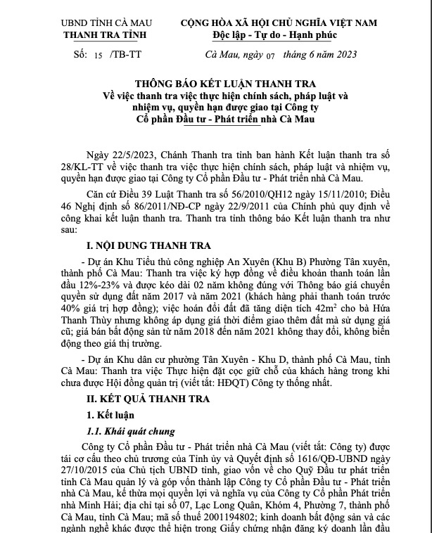 Loạt vi phạm về đất đai tại Công ty Cổ phần Đầu tư - Phát triển Nhà Cà Mau