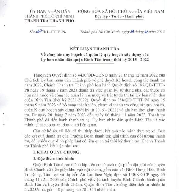 Kết luật gì về công tác quy hoạch xây dựng tại quận Bình Tân