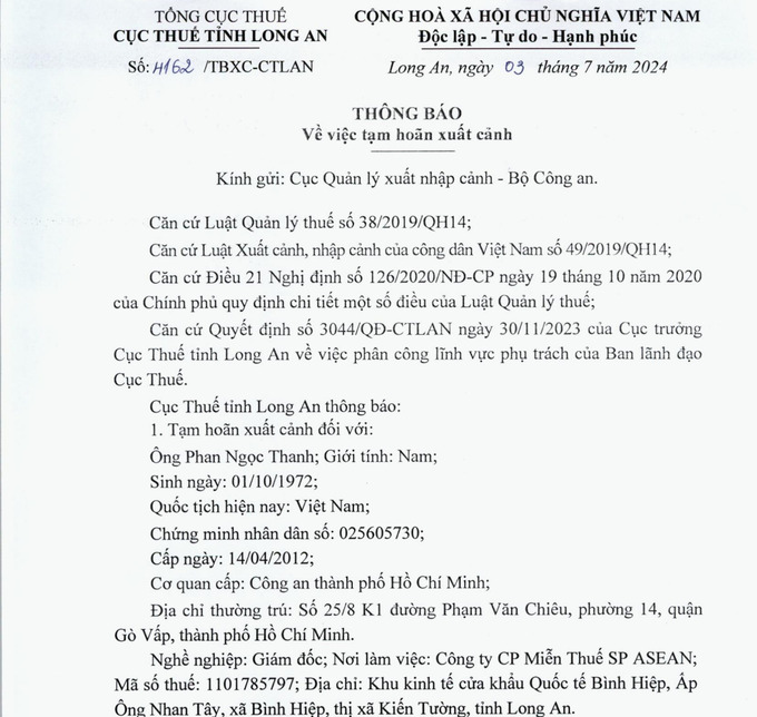 Giám đốc Miễn Thuế SP ASEAN bị tạm hoãn xuất cảnh do nợ thuế