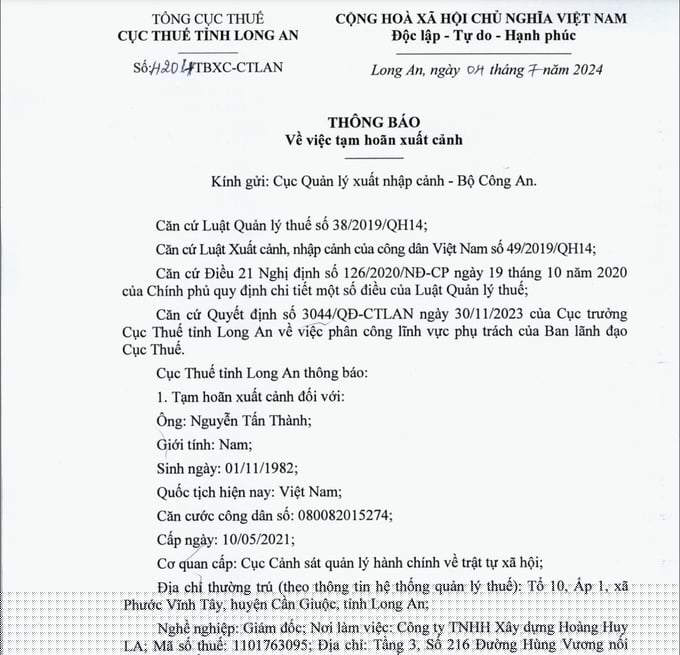 Long An: Tạm hoãn xuất cảnh nhiều lãnh đạo doanh nghiệp do nợ thuế