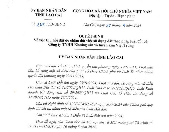 Lào Cai: Công ty TNHH Khoáng sản và Luyện kim Việt Trung bị thu hồi hơn 460ha đất